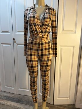 Plaid Wrap-Front Jumpsuit in Beige